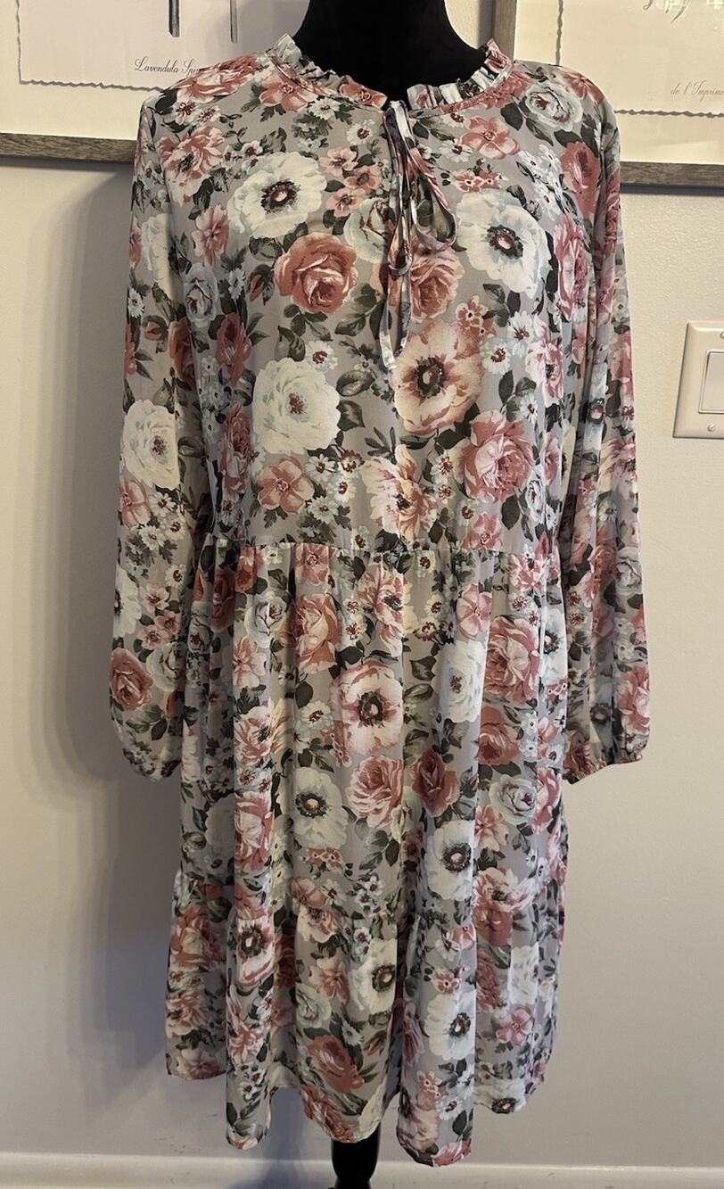 Calstyle Floral Dress Gray Pink Boho Tiered Long Sleeve Lined Size Large Boho